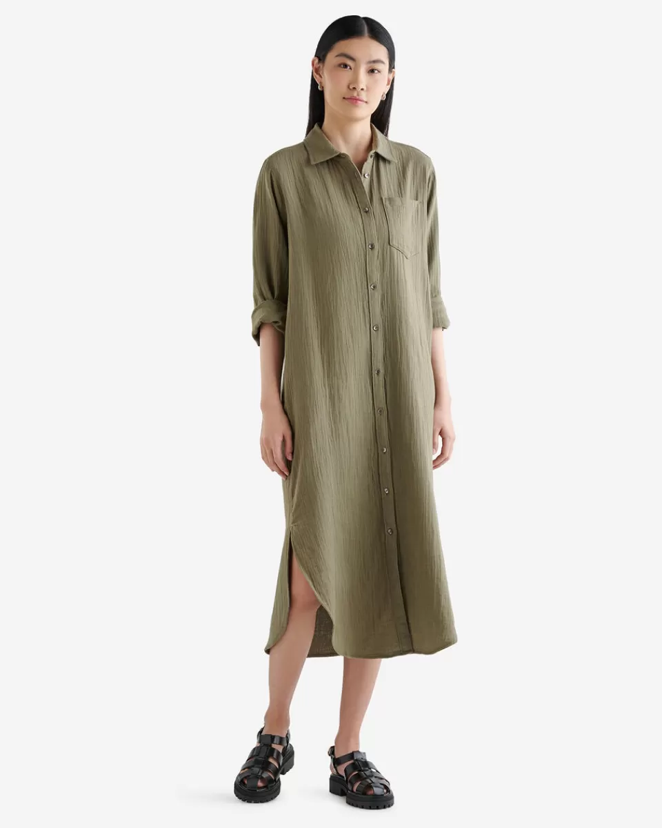 Roots Isla Cotton Gauze Shirt Dress DEEP LICHEN GREEN Cheap